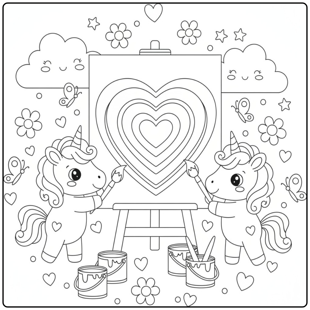 Schilderende unicorns op de kleurplaat eenhoornkleurplaat unicorn regenboog hartjes regenboog kasteel.
