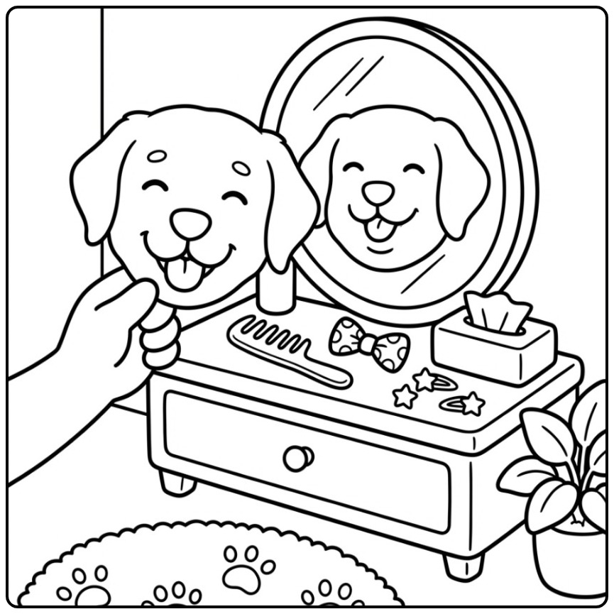 Een schattige Golden Retriever honden masker kleurplaat voor een spiegel.