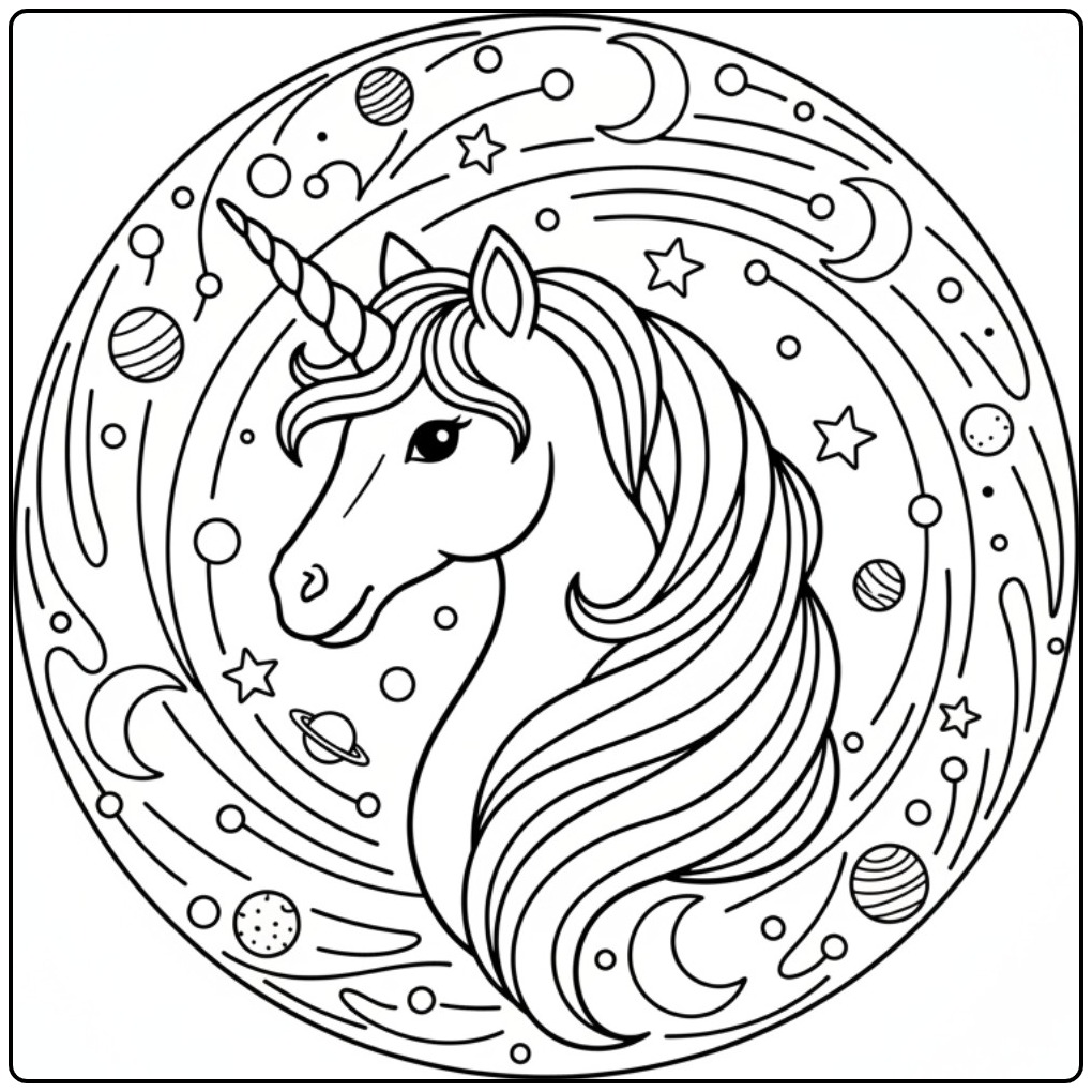 Een magische kleurplaat eenhoorn hoofd omringd door planeten.