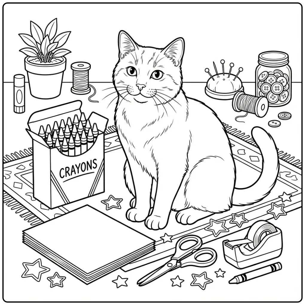 Leuke kleurplaat kat in een knutselhoek met krijtjes.