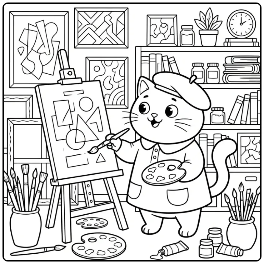 Artistieke kleurplaat kat moeilijk met ezel en kwasten.