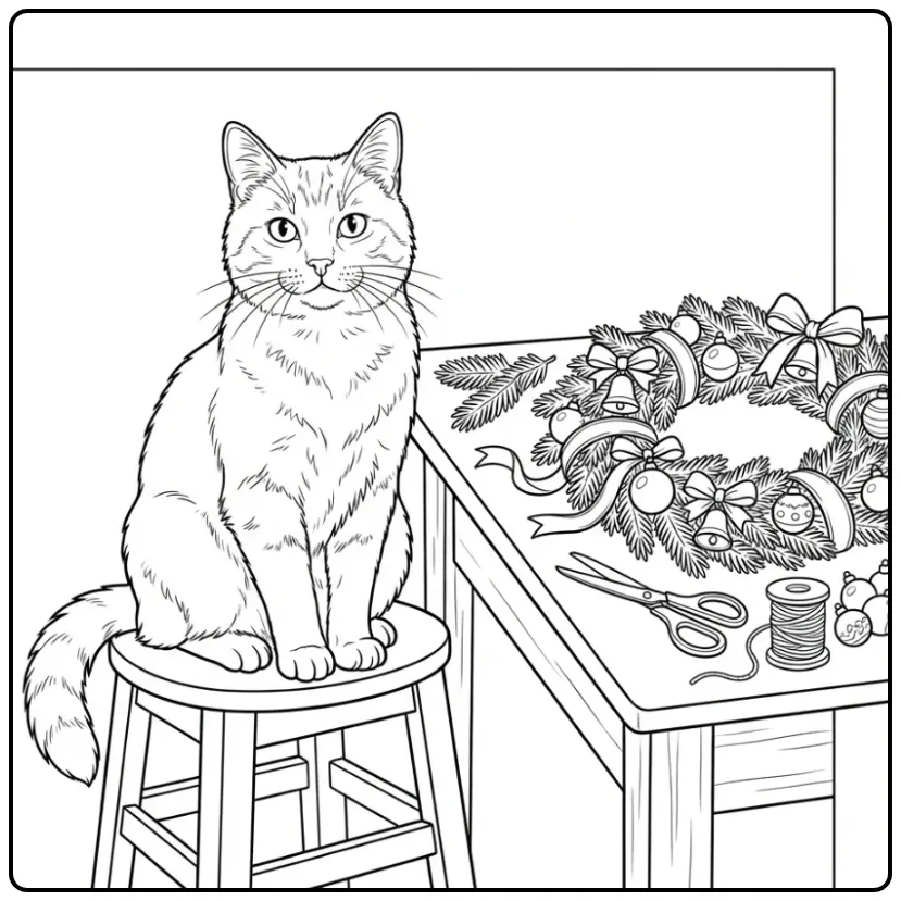 Een leuke kleurplaat kerst kat op een krukje bij een krans.