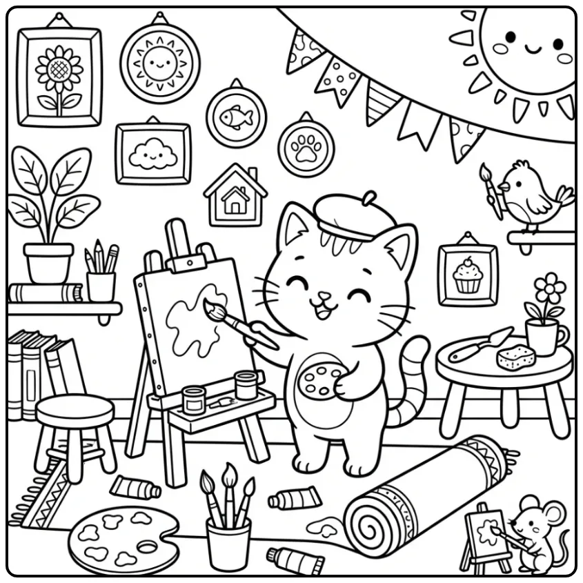 Schattige kleurplaat kitten schilderend aan een ezel.