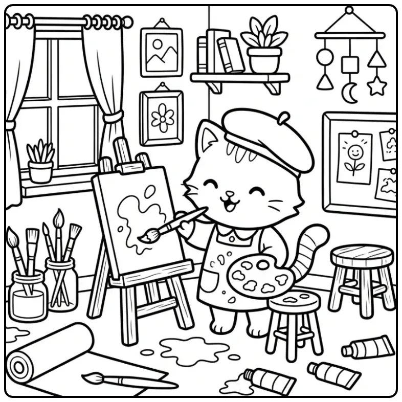 Schattige kleurplaat kitten met verf en kwasten.