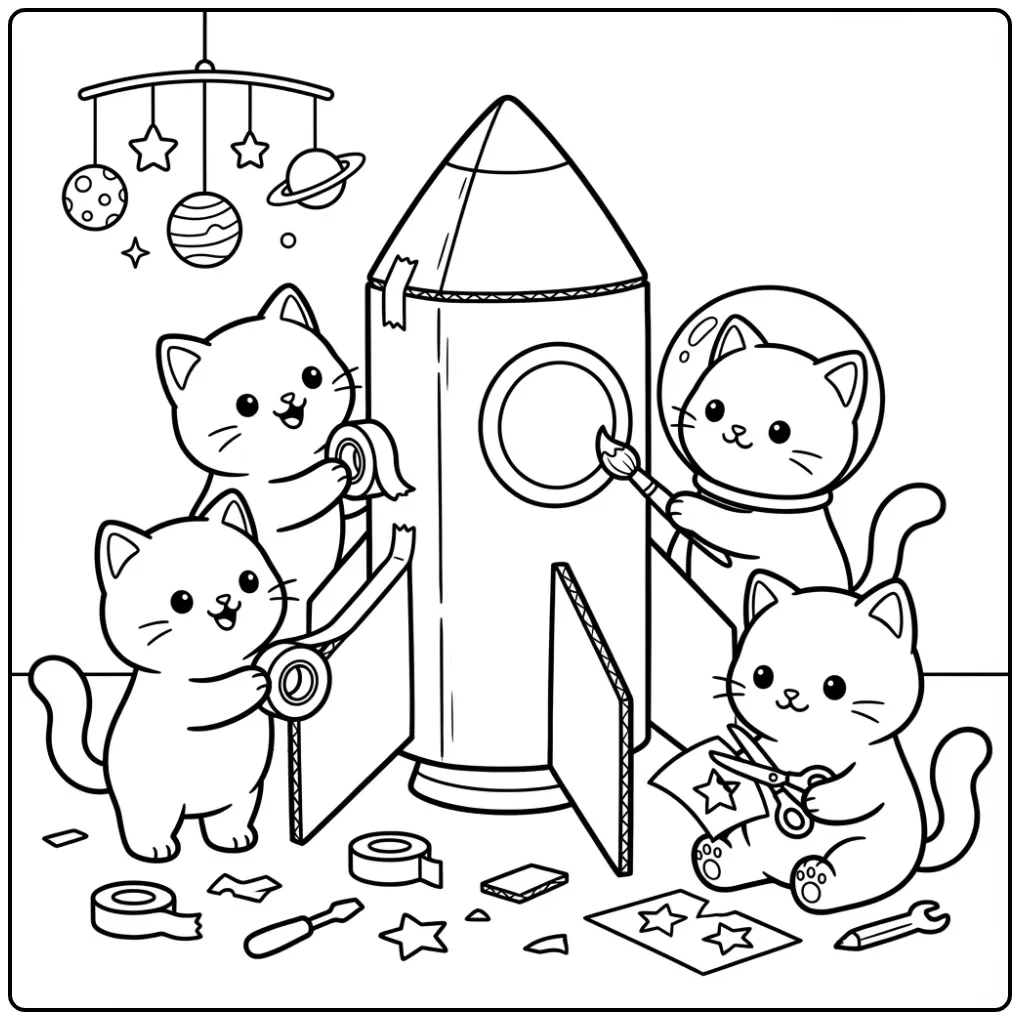 Schattige kleurplaat kittens bouwen een raket van karton.