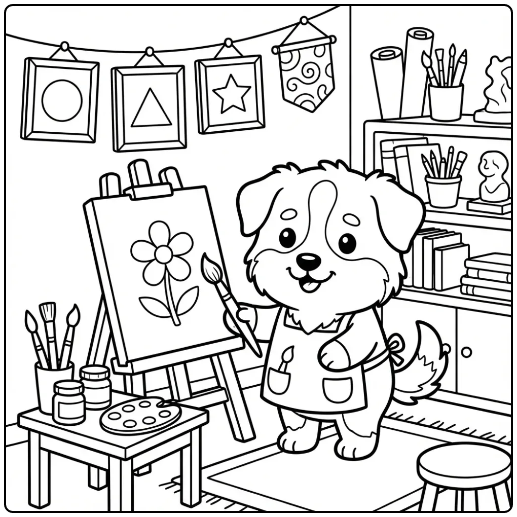 Schattige kleurplaat puppy die schildert op een ezel.