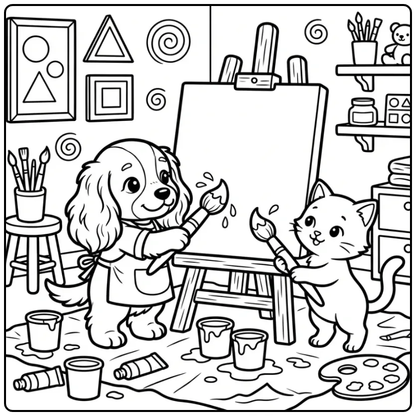 Schattige kleurplaat puppy en kitten die samen schilderen.