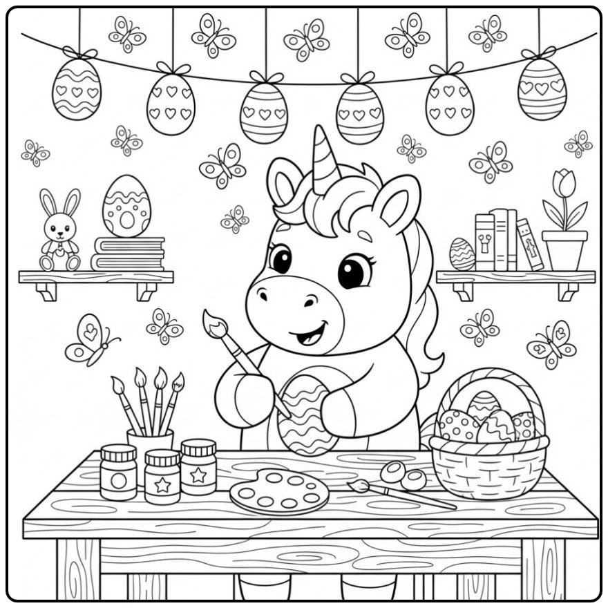 Kleurplaat unicorn en vlinders Pasen: eenhoorn versiert paasei.