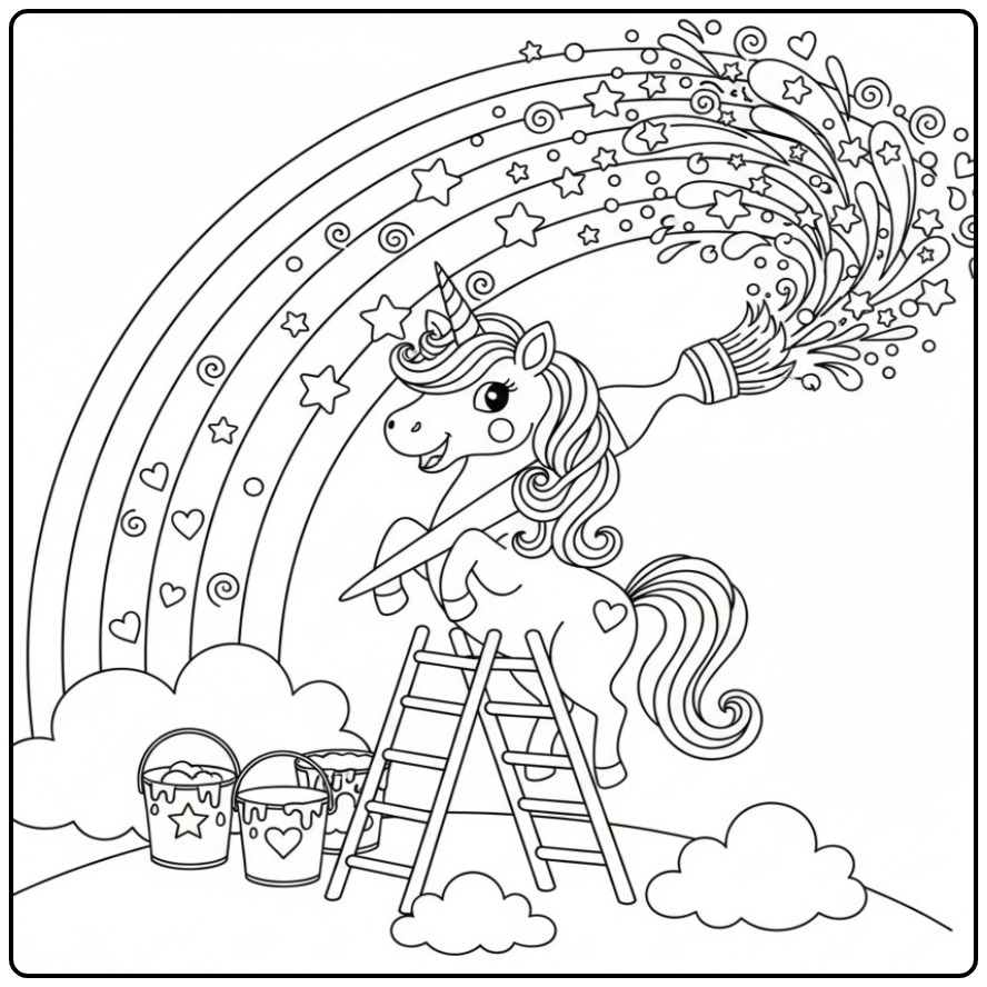 Een vrolijke kleurplaat unicorn regenboog op een ladder.
