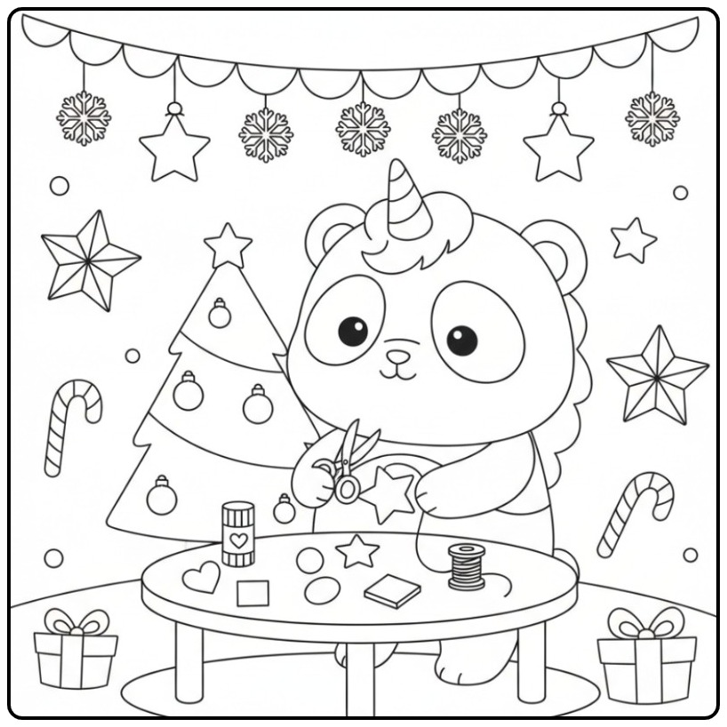 Een schattige kleurplaat unicornpanda kerst maakt versieringen.