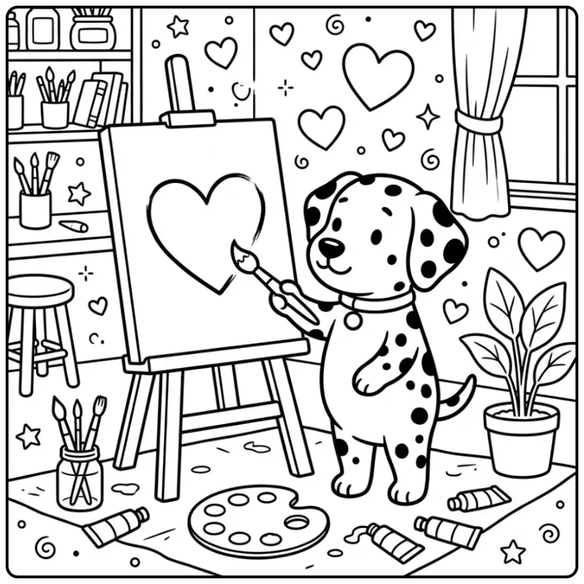 Dalmatiër schildert een groot hart, kleurplaat hond met hartjes.