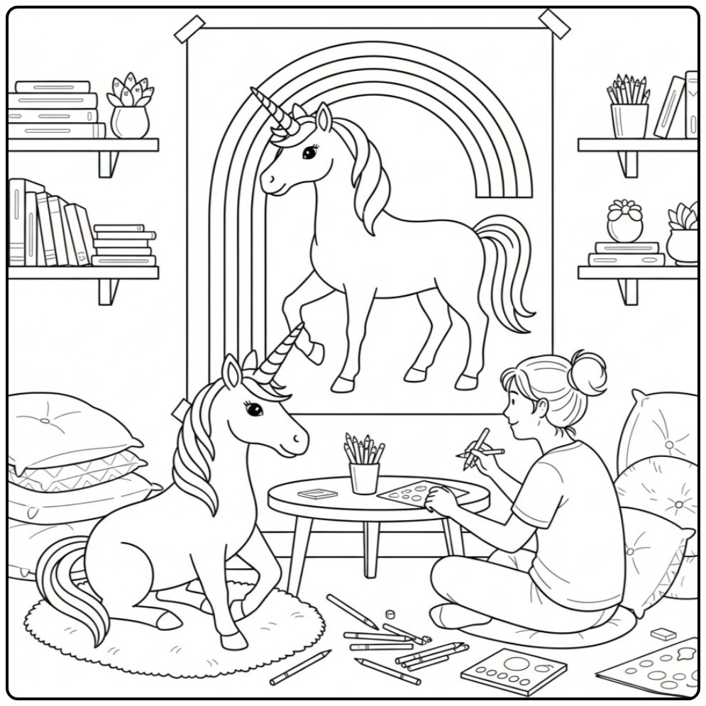 Meisje tekent met een echte eenhoorn, een kleurplaat unicorn regenboog.