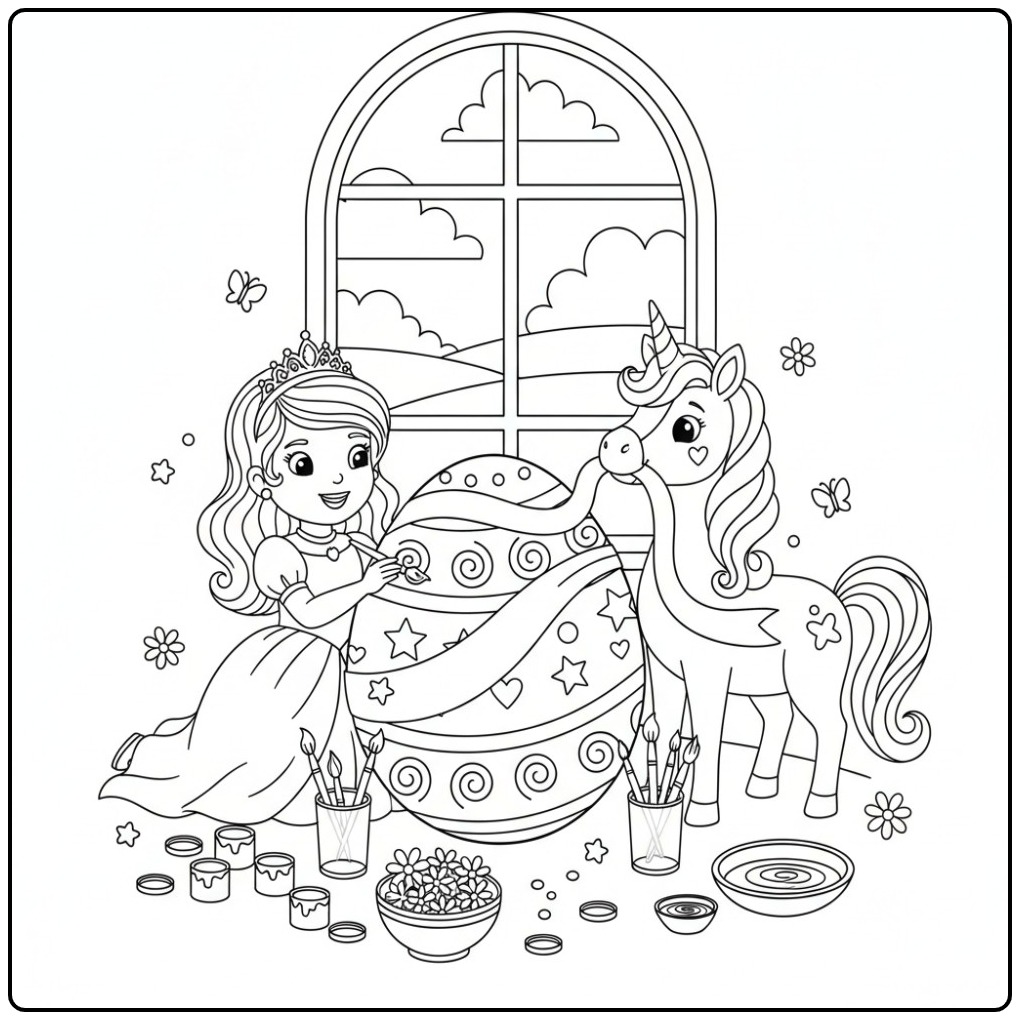 Een schattige Pasen prinses eenhoorn kleurplaat voor kinderen.