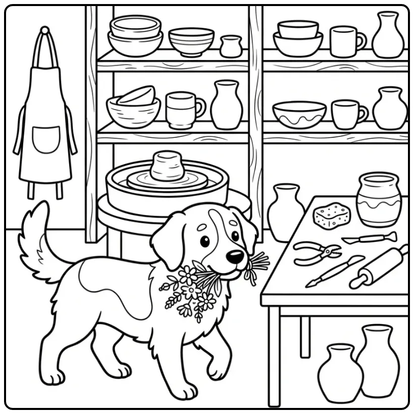 Drentse Patrijshond in een atelier: kleurplaat hond volwassenen.