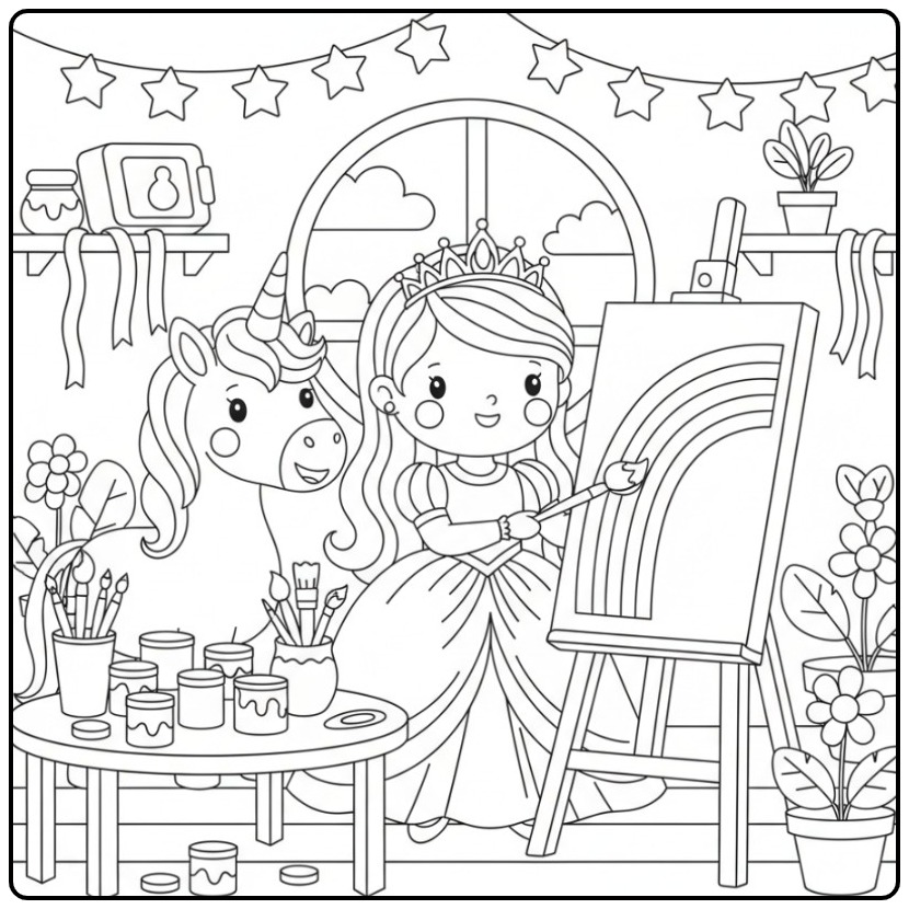 Een prinses die schildert op een Regenboog prinses eenhoorn kleurplaat.