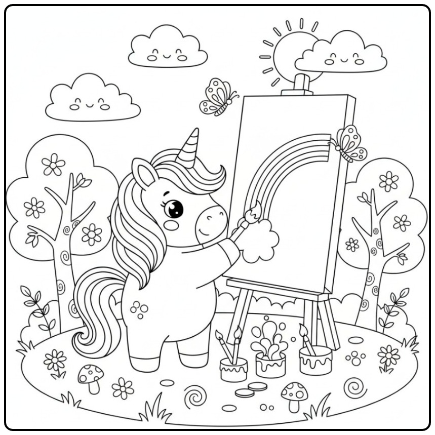 Artistieke Schattige eenhoorn en regenboog kleurplaat.