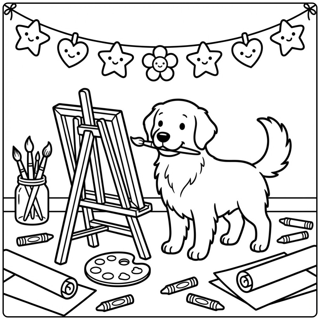 Artistieke hond met penseel, een kleurplaat golden retriever.