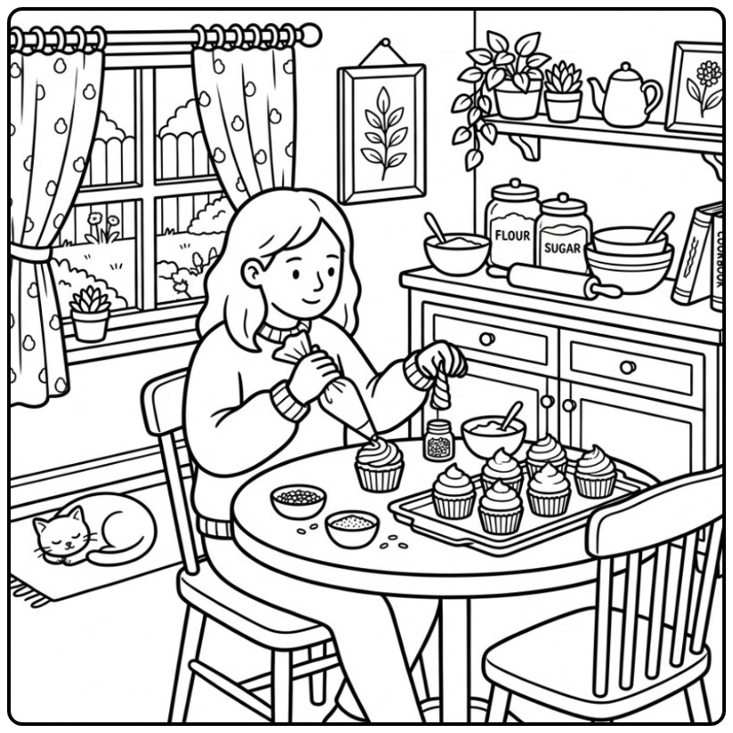 Gezellige unicorn cupcake kleurplaat van een meisje aan tafel.