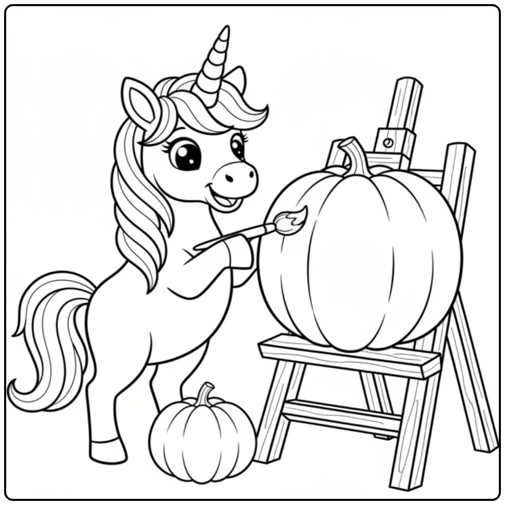 Een vrolijke unicorn halloween kleurplaat die een pompoen schildert