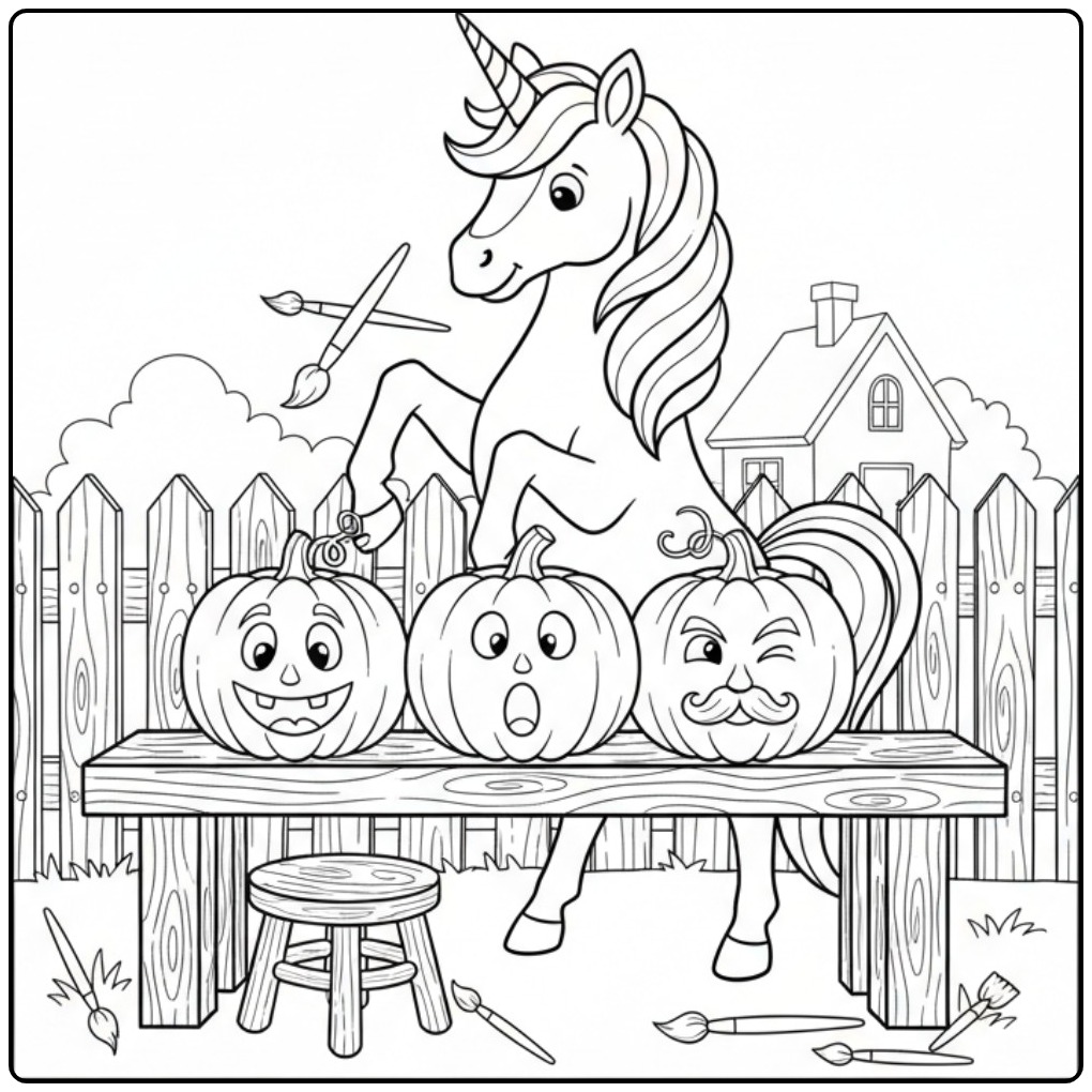 Een vrolijke unicorn halloween kleurplaat met pompoenen.