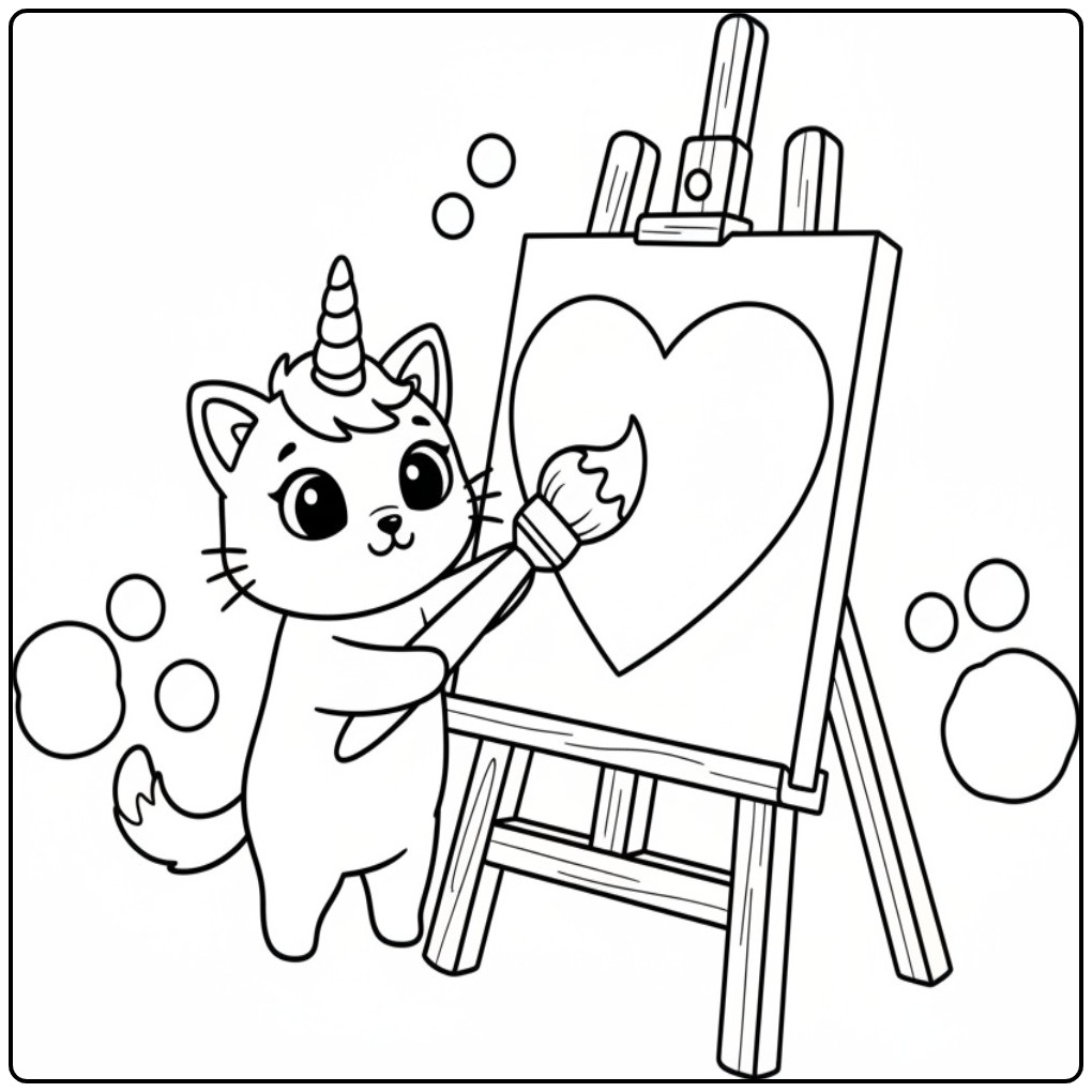 Een schilderende unicorn kat kleurplaat met een hart op ezel.
