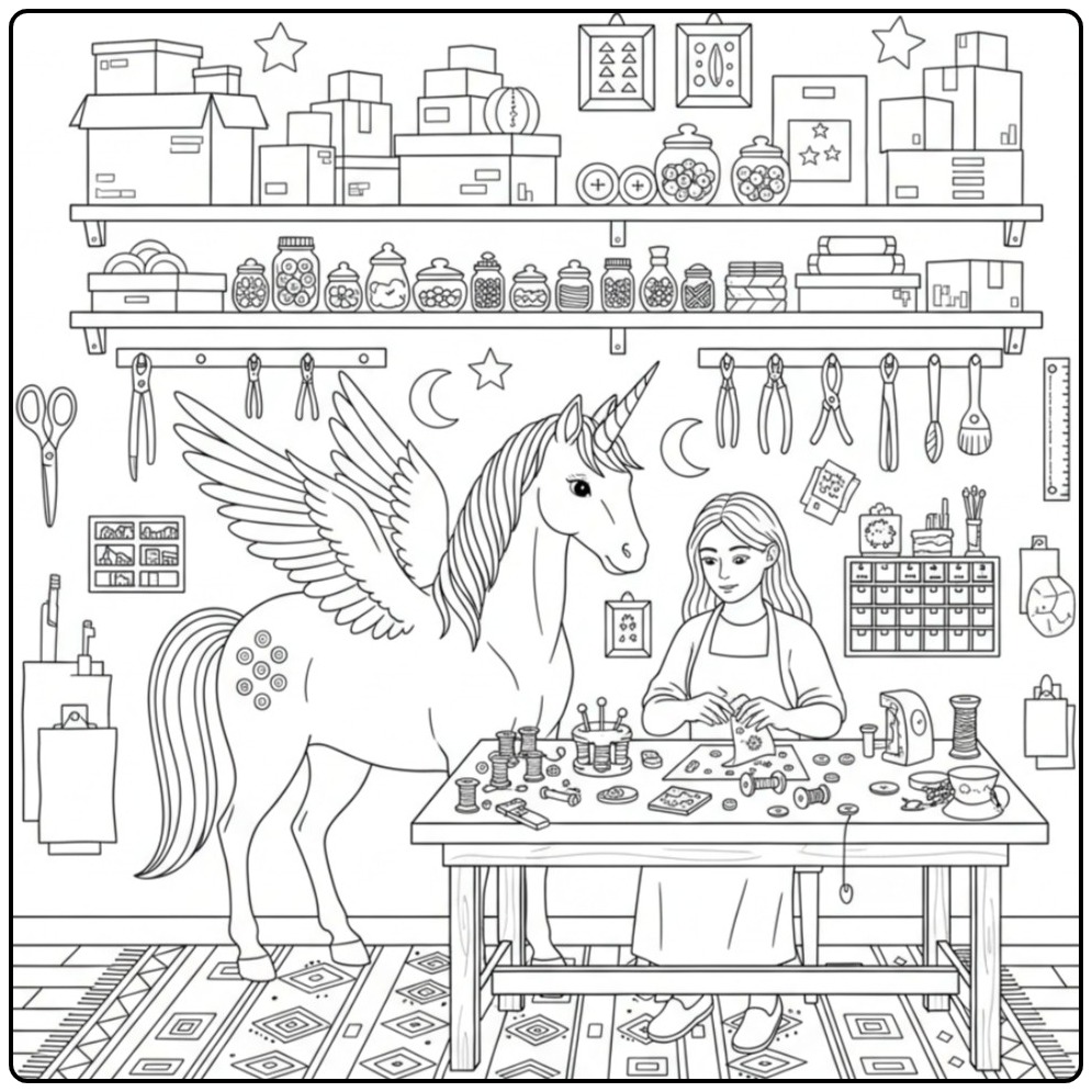 Een magische kleurplaat eenhoorn met vleugels in een naaiatelier.