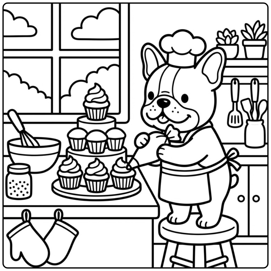 Een schattige franse bulldog kleurplaat van een hond als bakker.