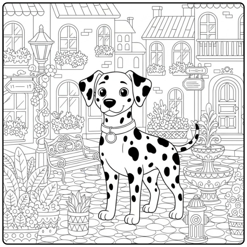 Trotse Dalmatiër in een stadsstraat, kleurplaat hond moeilijk.