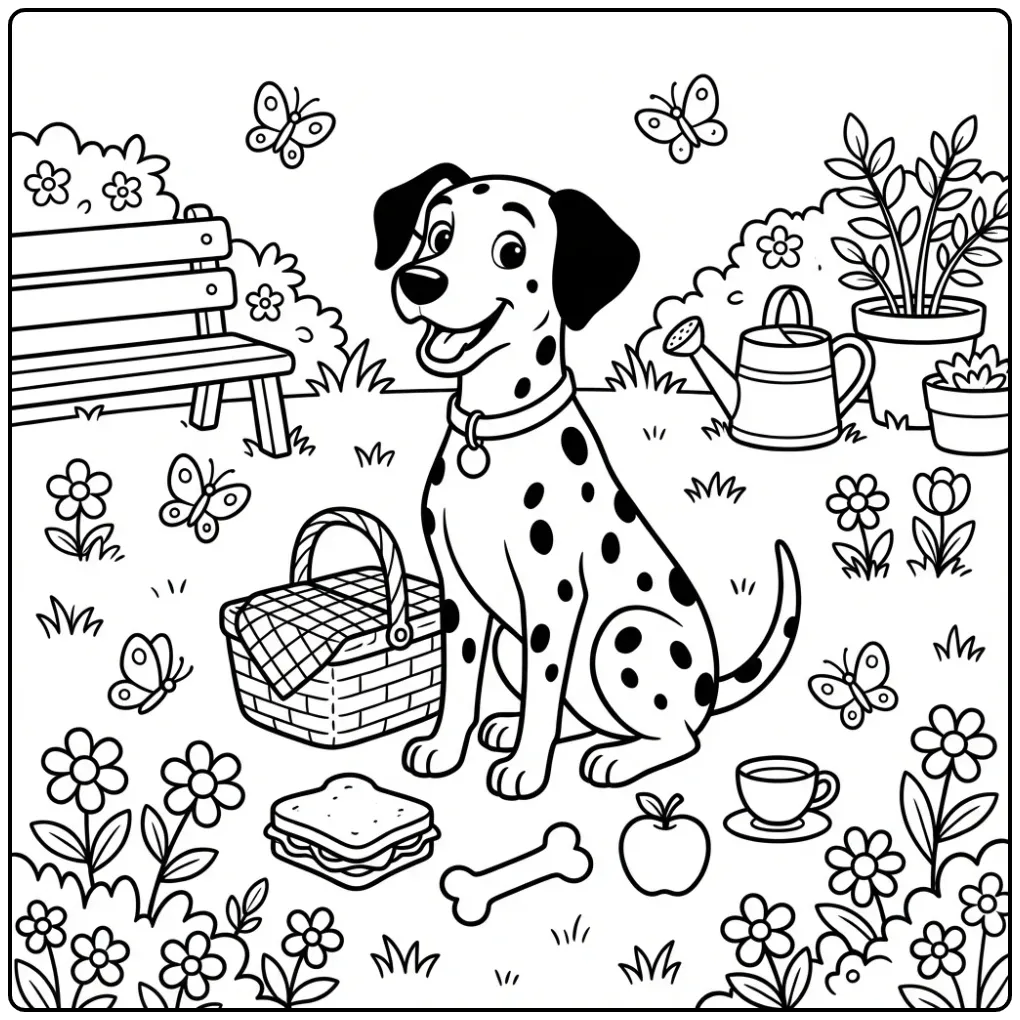 Vrolijke kleurplaat hond schattig dalmatiër met picknickmand
