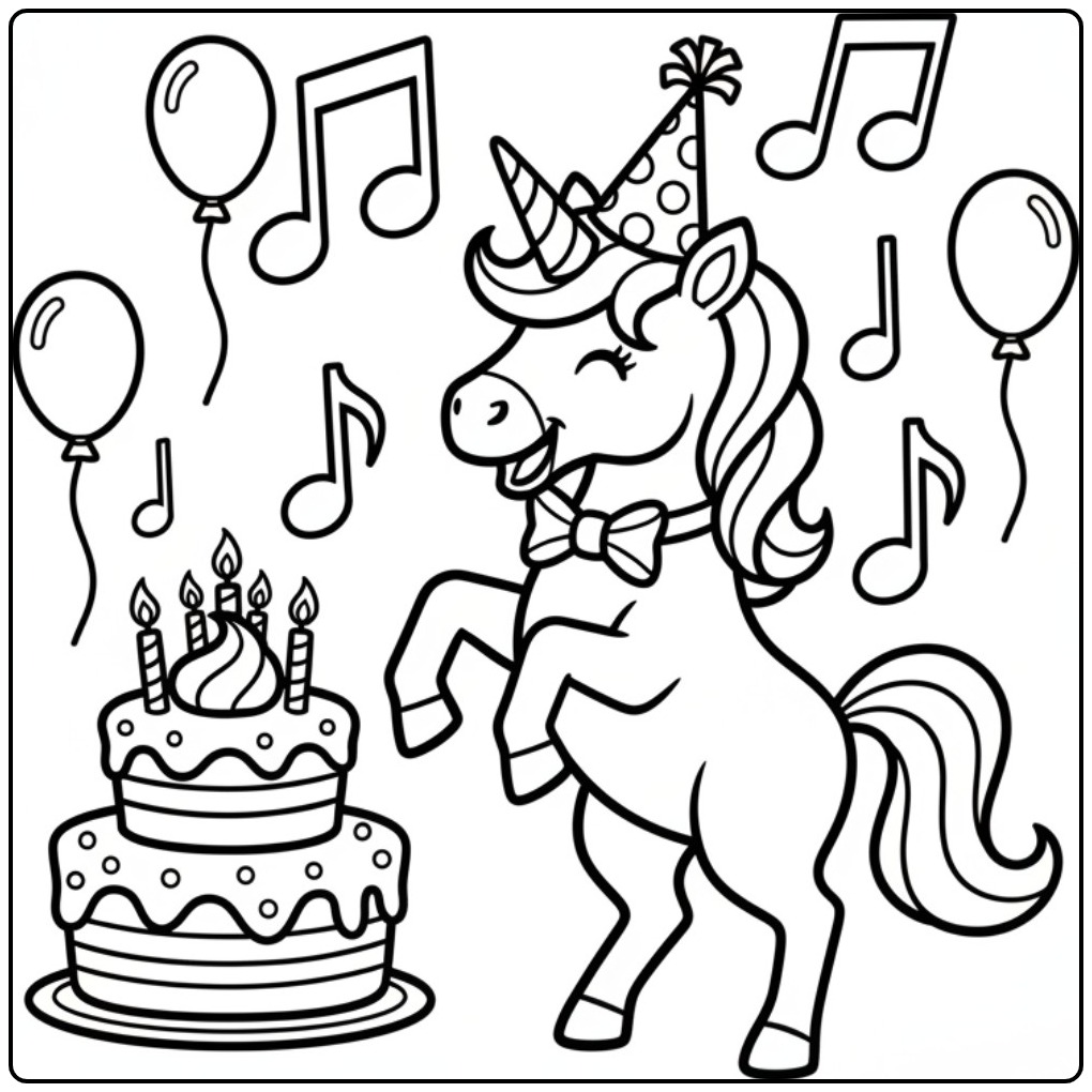Vrolijke kleurplaat unicorn verjaardag met taart en muziek.