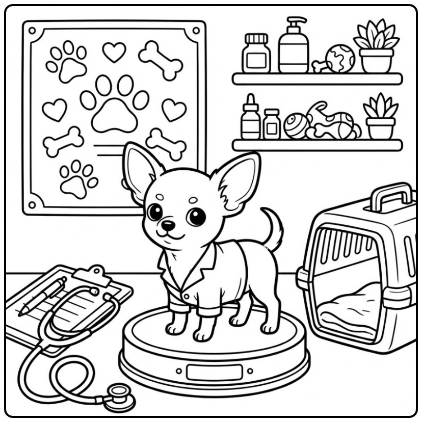 Een lieve kleurplaat chihuahua voor een controle bij de dokter.