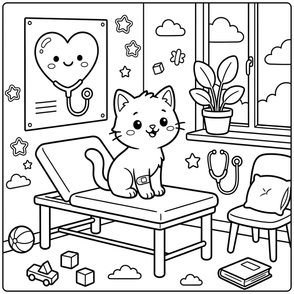 Kleurplaat kat makkelijk van een dapper poesje met pleister.