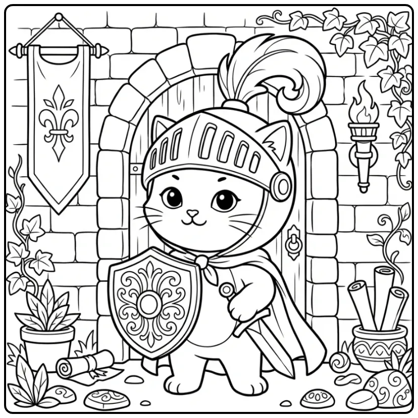 Uitdagende kleurplaat kitten moeilijk bij kasteelpoort.