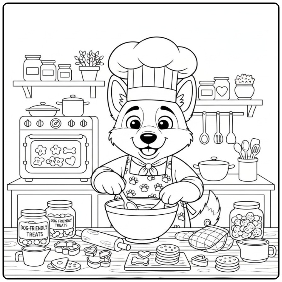 Een vrolijke kleurplaat duitse herder als een echte chefkok.