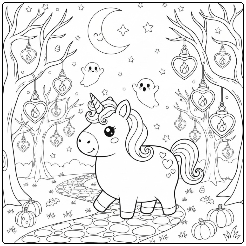 Kleurplaat eenhoorn met hartjes voor Halloween in een magisch bos.