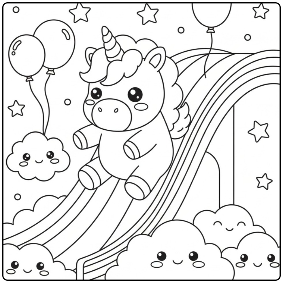 Leuke Kleurplaat kawaii chibi regenboog unicorn glijdt omlaag.