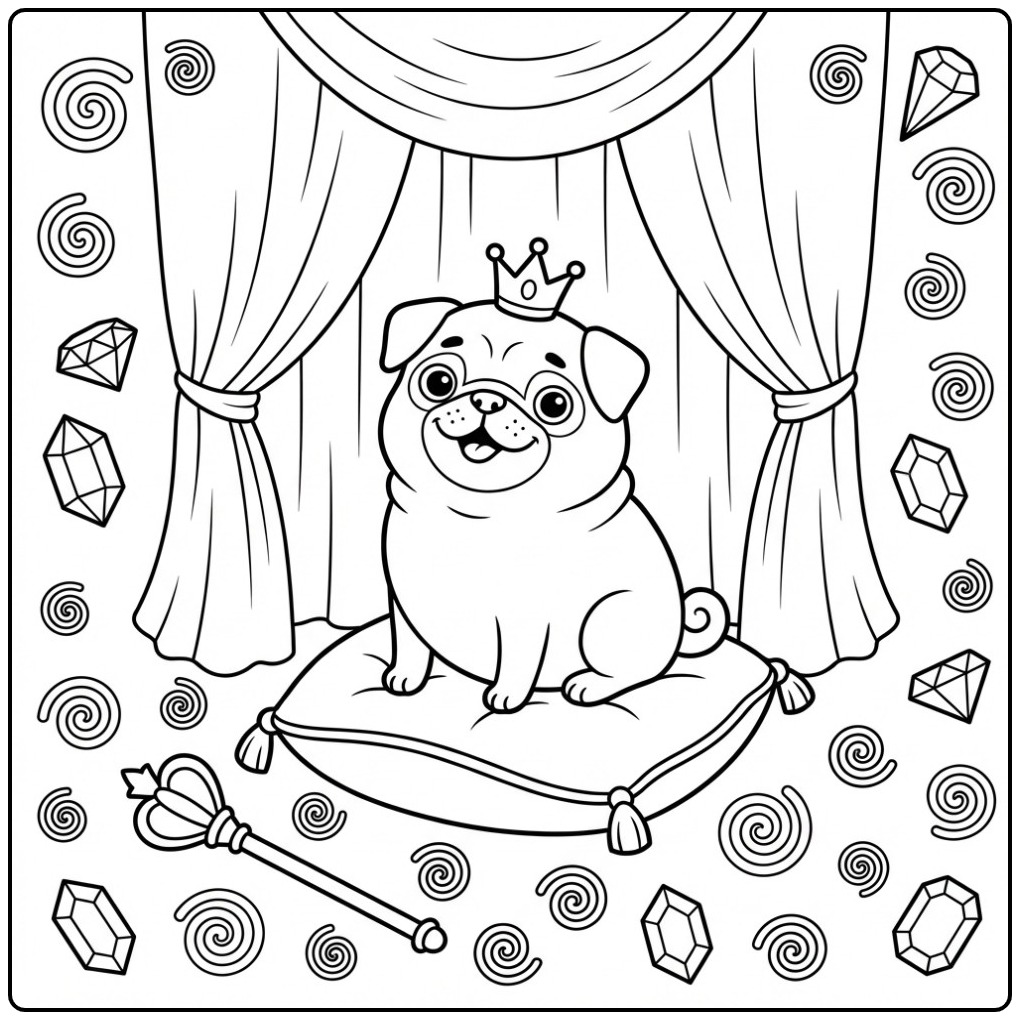 Een schattige koninklijke kleurplaat mopshond op een kussen.