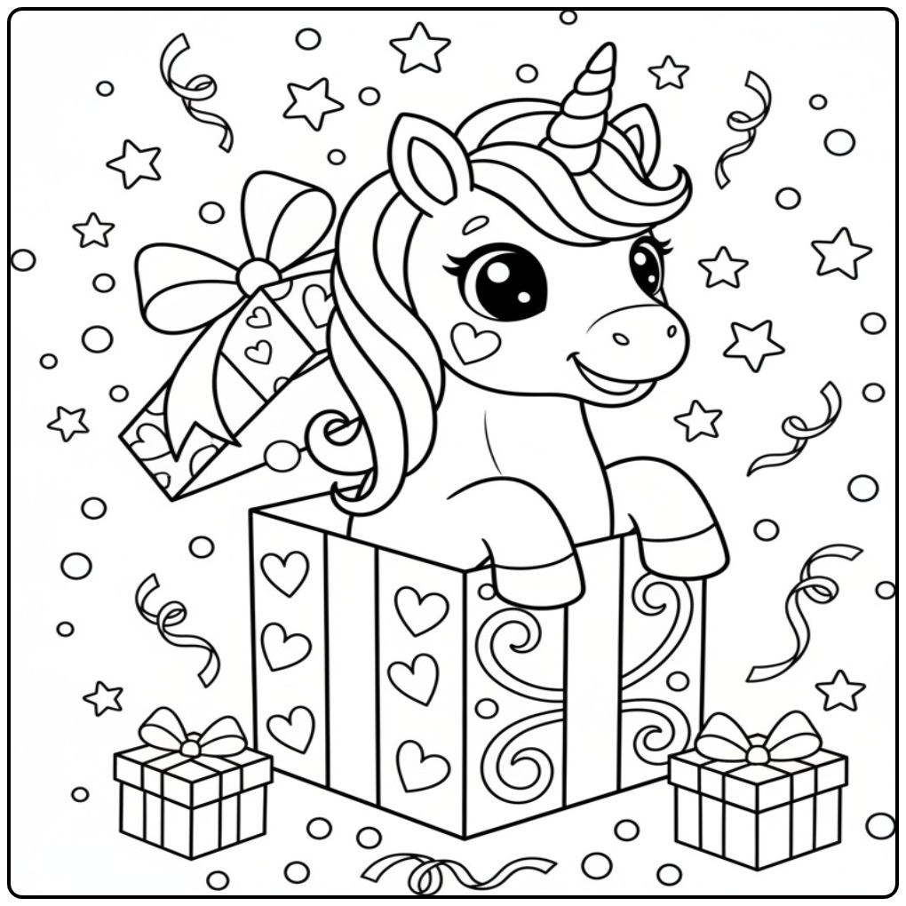 Kleurplaat eenhoorn schattig uit cadeau met confetti, voor uren plezier.
