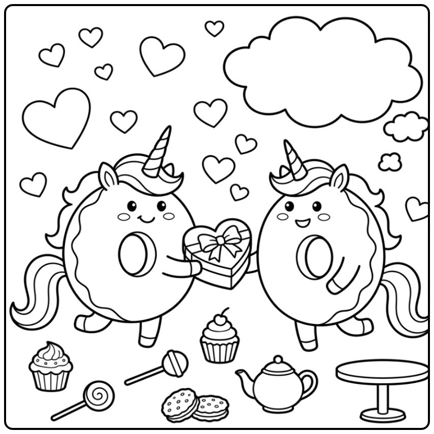Twee schattige figuren op een Valentijn donut eenhoorn kleurplaat.