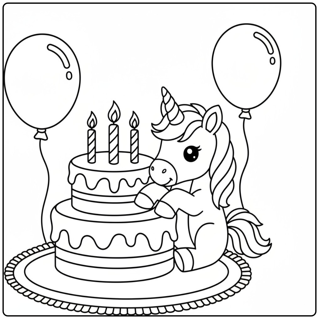 Eenhoorn verjaardag taart kleurplaat met ballonnen en kaarsen.