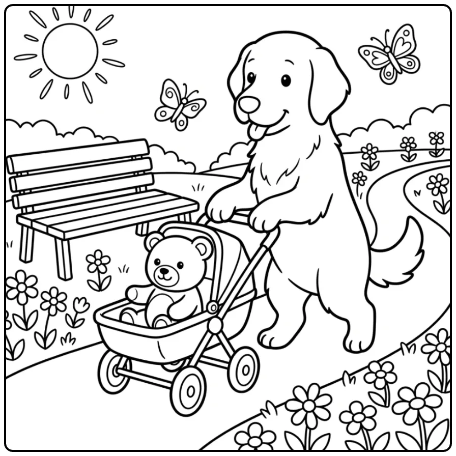 Lieve retriever duwt kinderwagen, kleurplaat hond makkelijk.