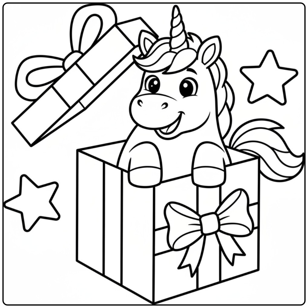 Een vrolijke kleurplaat eenhoorn schattig die uit een cadeau komt.