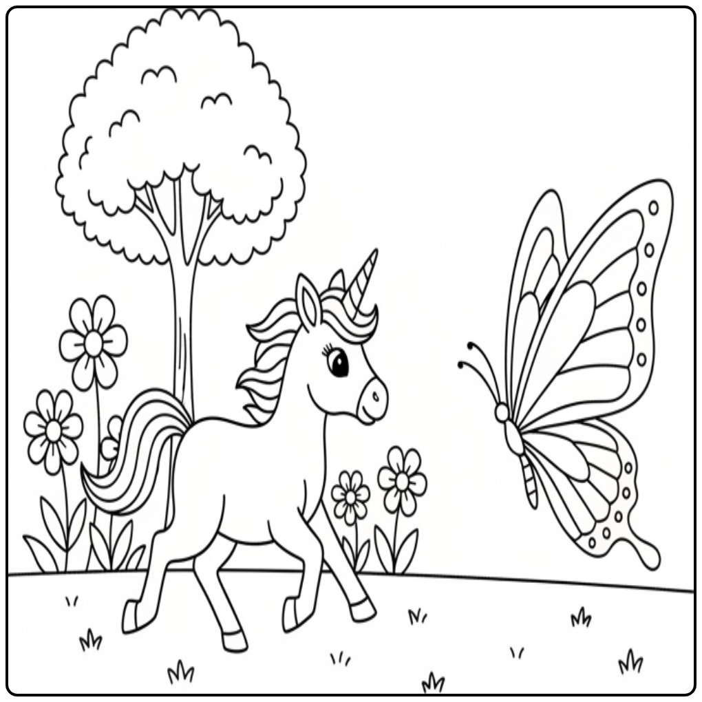 Kleurplaat met een vlinders kleurplaat unicorn in een bloemenveld, klaar om in te kleuren.