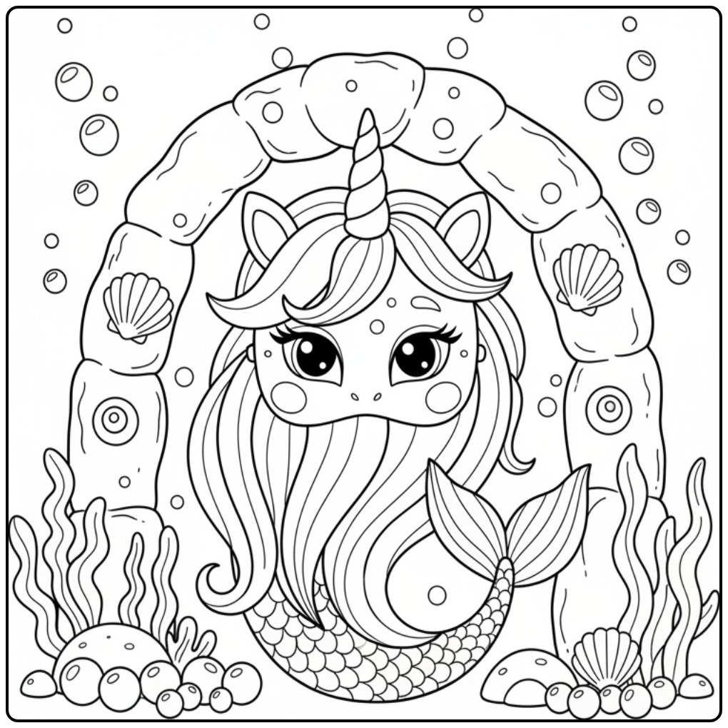 Kleurplaat eenhoorn zeemeermin masker, onder een rotsboog in zee.