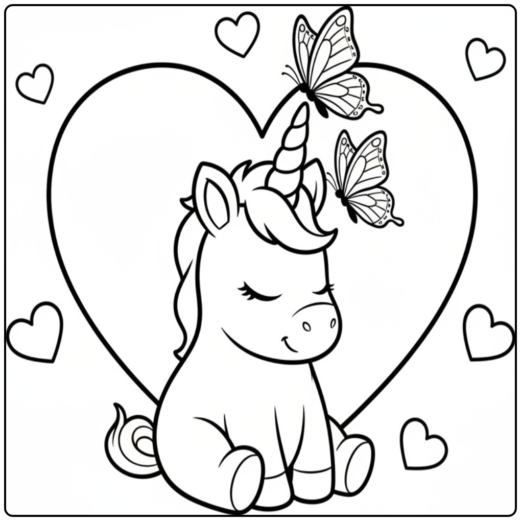 Schattige vlinders kleurplaat unicorn met hartjes om te kleuren.