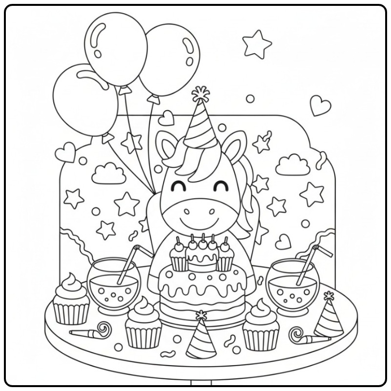 Schattige unicorn verjaardags kleurplaat met een grote taart.