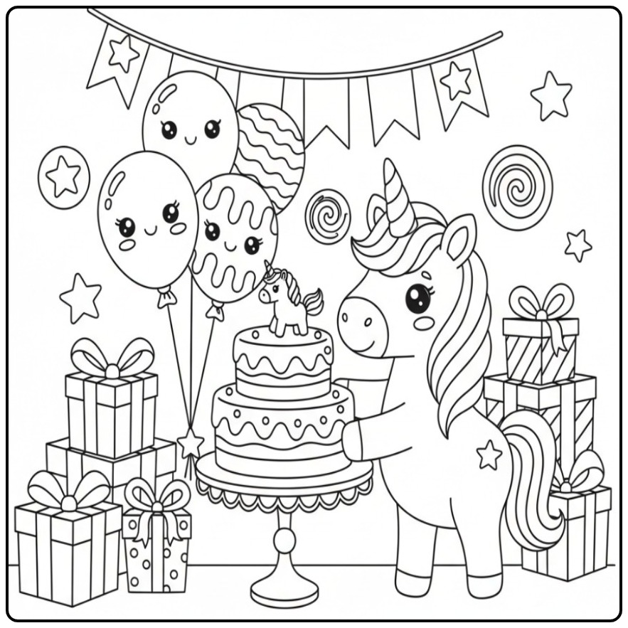 Feestelijke Kleurplaat unicorn verjaardagstaart met ballonnen en cadeautjes.