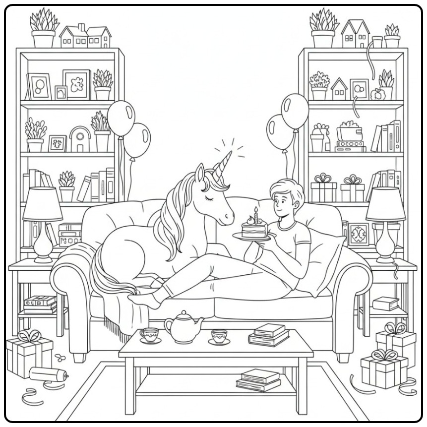 Verjaardag taart kleurplaat eenhoorn: vrienden vieren feest.
