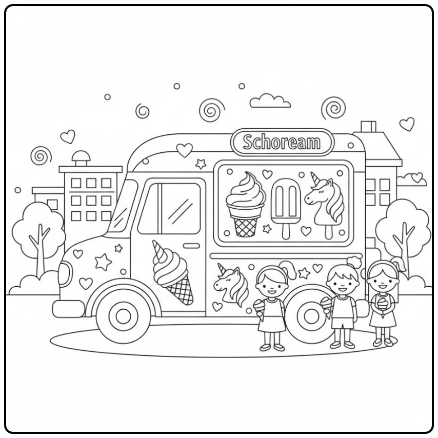 Kleurplaat eenhoorn-ijswagen met vrolijke kinderen en heerlijk ijs.