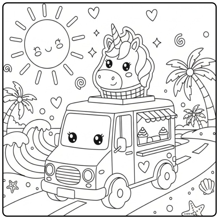 Kleurplaat eenhoorn-ijswagen bij het strand, klaar om te kleuren.
